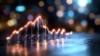 Glowing financial chart with upward trending data visualization on reflective surface with bokeh lights background for business analytics and market growth presentations.