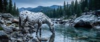 Spotted white horse drinking from crystal clear mountain stream surrounded by pine forest and rocky terrain in wilderness landscape.