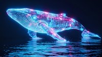 Digital whale hologram with neon wireframe glowing in cyan and magenta colors jumping from ocean water surface against dark blue night sky background.