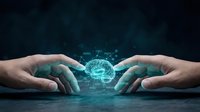 Human hands protecting glowing digital brain with neural network connections on dark technology background representing AI protection and cybersecurity.