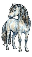 Elegant horse with ornate braided mane and decorative patterned coat, isolated on white background. Suitable for equestrian designs, apparel, and clipart.