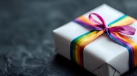 White gift box wrapped with vibrant rainbow ribbon and bow against dark textured background, celebrating pride, diversity and special occasions.