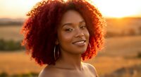 Young African American woman with curly hair smiling at golden hour sunset in rural landscape for lifestyle and beauty content.