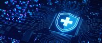 Medical shield icon on blue circuit board background representing healthcare cybersecurity and data protection in digital technology systems.