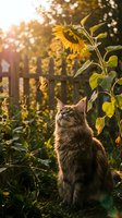 Tabby cat with long fur gazing upward at sunflowers in a golden garden during sunset, with wooden fence and bokeh background, perfect for nature and pet themes.