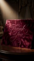 Burgundy velvet fabric with elegant thank you script embroidery, draped over wooden furniture in dramatic theatrical lighting with ornate curtains backdrop.