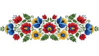 Traditional folk art floral border with red, blue and yellow flowers on white background. Decorative embroidery style pattern for textile design.