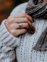 Female hand wearing silver ring with gemstone holding pine cone against cozy white knit sweater and gray scarf background, autumn mood lifestyle photography.