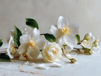 Delicate white jasmine flowers with yellow stamens and green leaves arranged on marble surface, creating elegant botanical composition.