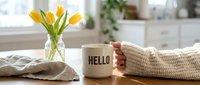 Woman in cozy knit sweater holding a speckled mug with Hello text, yellow tulips in vase on wooden table, bright kitchen.