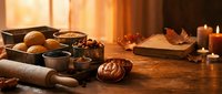 Rustic kitchen scene with fresh ingredients, rolling pin, and warm candlelight creating cozy baking atmosphere on wooden table for culinary projects.