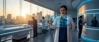 Young Asian male doctor using holographic medical interface in futuristic hospital with city skyline at sunset.