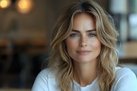 Young Caucasian woman with blonde wavy hair and blue eyes wearing white t-shirt smiling at camera. Natural makeup and soft lighting create warm welcoming atmosphere.