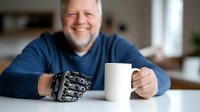 Senior Caucasian man with prosthetic hand holding white coffee mug at home, smiling warmly while sitting at wooden table in casual blue sweater.