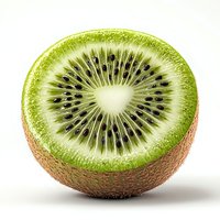 Fresh juicy kiwi fruit cut in half showing detailed cross section with black seeds and bright green flesh on white background, macro photography.