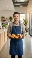 Male baker or pastry chef, Caucasian, wearing denim apron and beige shirt, holding tray of freshly baked pastries in modern bakery or café interior with potted plants and wooden counter.