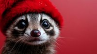 Adorable raccoon wearing red knitted winter hat against red background, close up portrait showing bright blue eyes and friendly expression. For greeting cards and holiday designs.