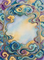 Ornate swirling cloud frame with decorative spirals in blue, purple and gold watercolor style creating elegant border with central copy space.