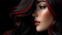 Profile view of young woman with striking black and red hair against dark background, showcasing dramatic makeup with glossy red lips and shimmering eyeshadow.