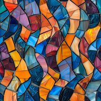 Colorful stained glass mosaic pattern in blue, orange and purple tones creates abstract wavy design. Seamless repeat background for fabric, wallpaper and decor.