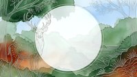 Watercolor nature frame with deer silhouette and tropical leaves creating circular border for text or design elements on textured background.