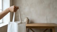 Unrecognizable person holding white linen tote bag for eco-friendly shopping, sustainable lifestyle, and reusable packaging solutions.