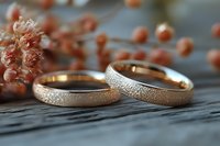 Two elegant gold wedding rings with textured surface on rustic wooden background with delicate pink dried flowers for romantic ceremony celebration.
