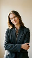 Confident young Caucasian businesswoman in dark suit with crossed arms smiling at camera against neutral background for corporate marketing materials.