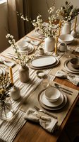 Elegant neutral dining table setting with ceramic plates, spring blossoms in vases, and natural linen decor for home entertaining and special occasions.