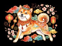 Shiba Inu dog wearing traditional Asian ornaments, surrounded by lanterns, flowers, and decorative elements. Isolated on transparent background, ready for t-shirts, stickers, clipart, and print-on-demand designs.