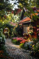 Charming cottage garden path with blooming flowers, stone walkway, and rustic wooden house featuring terracotta roof tiles amid lush summer greenery and golden sunlight.
