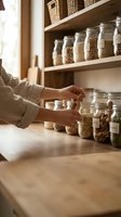 Person with medium skin tone organizing glass jars filled with dried grains, legumes, and pantry staples on wooden shelves in a kitchen storage area for home organization and meal planning.