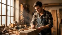 Caucasian male craftsman in work apron using hand tools on wooden plank in sunlit workshop, focused on carpentry project with wood shavings and tools visible.
