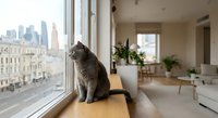 Gray tabby cat sitting on wooden windowsill overlooking urban cityscape from modern apartment interior with minimalist decor and natural lighting.
