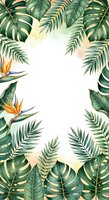 Tropical foliage frame with monstera leaves, palm fronds, and bird of paradise flowers on white background. Isolated botanical border design for invitations, posters, and social media graphics.