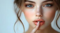 Young blonde woman with blue eyes touching lips in silence gesture against soft background for beauty and skincare campaigns.