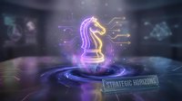 Glowing neon chess knight piece with digital circuit connections on futuristic holographic platform. Strategic planning and business leadership concept.