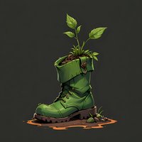 Green military boot with sprouting plant and leaves growing from within, standing on muddy ground against dark background. Artistic fantasy illustration.