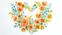 Watercolor heart wreath with orange roses, poppies and eucalyptus leaves on white background. Romantic floral arrangement for wedding invitations and cards.