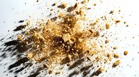 Gold and black glitter particles exploding and dispersing across white background, creating dynamic motion effect for celebrations and festive designs.