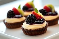 Chocolate tart shells filled with vanilla cream topped with fresh blackberries and strawberries on white plate for dessert menu and bakery display.