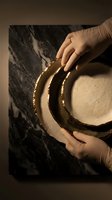 Woman's hands holding stacked gold bangles and bracelets against dark marble background. Jewelry display and luxury accessories concept for fashion, retail, and styling.