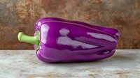 Fresh purple bell pepper with bright glossy skin and green stem lying on light surface against rustic brown background, macro food photography.