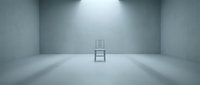 Minimalist empty concrete room with single chair centered under spotlight, conveying isolation, loneliness, interrogation or waiting room concept for design projects.