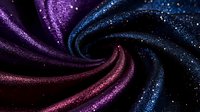 Cosmic swirl pattern with glowing sparkles in purple, blue and pink colors creating mesmerizing spiral effect against dark background. Magical space design.