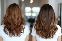 Two women with long wavy brown hair showing balayage and ombre hair coloring techniques, wearing white tops, photographed from behind in salon setting.