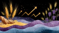 Golden arrows rising over colorful wavy landscape with wheat stalks and lavender flowers against starry night sky, watercolor style financial growth concept.
