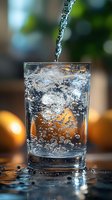 Crystal clear water pouring into glass with ice cubes, creating dynamic splash and bubbles against blurred warm background, macro photography for beverage ads.