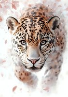 Close-up portrait of jaguar face with intense blue eyes against soft pink floral background, showing detailed spots and whiskers in artistic watercolor style.