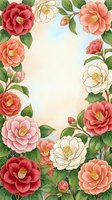 Watercolor camellia floral frame with red, pink, and white blooms on soft pastel background, perfect for greeting cards and invitations.